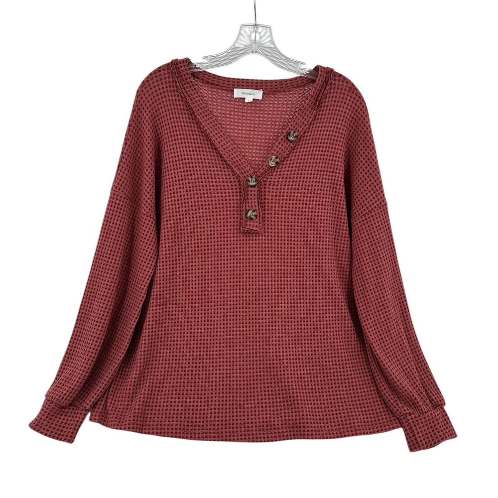 Hailey & Co Womens Large Waffle Knit Henley Top Mauve Pink Long Sleeve Casual
